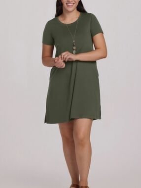 Woolx Georgie Merino Wool Swing Dress Olive Green Large L Travel Pockets Soft